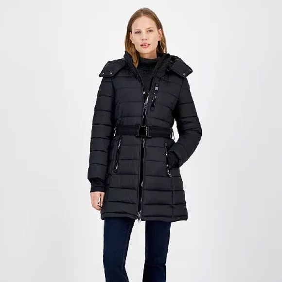 Michael Kors Belted Hooded Puffer Coat in Black
